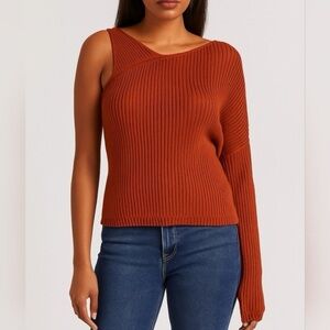 Aeron Asymmetrical Rust One Sleeve Pullover Ribbed Swe
